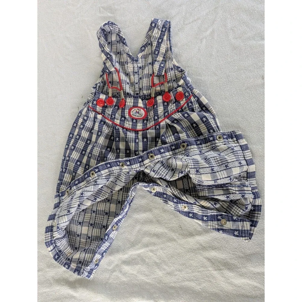 Vtg 3-6 MO Oshkosh B’Gosh Blue Plaid Star Overalls Vestbak USA Patriotic Cotton